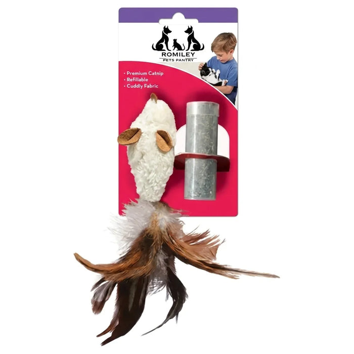 Romiley Pets Pantry Refillable Catnip Plush Mouse Toy with Feathers for Cats