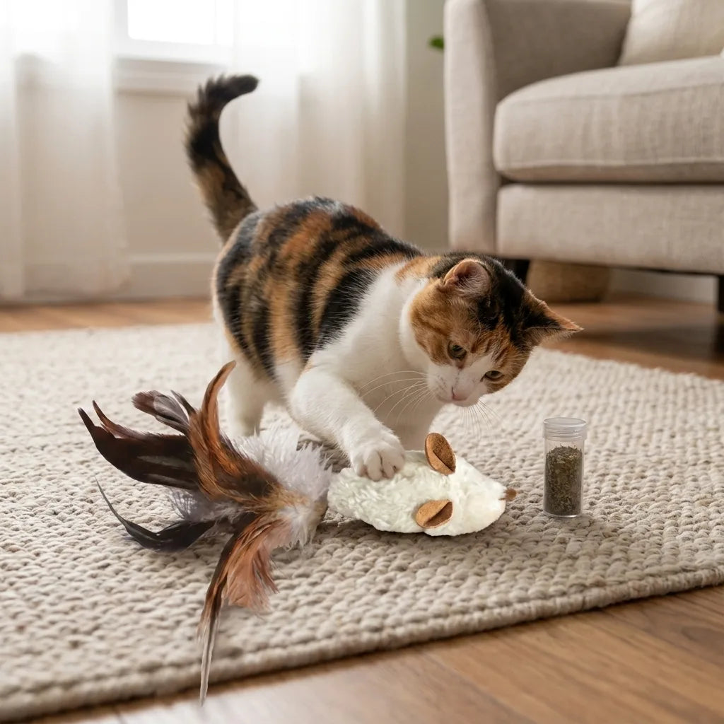 Romiley Pets Pantry Refillable Catnip Plush Mouse Toy with Feathers for Cats